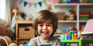 Niño rodeado de juguetes con un teléfono en sus manos