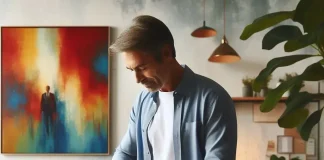 Hombre planchando sobre una mesa en el salón de su casa.
