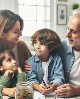Padres hablando con sus hijos de educación financiera