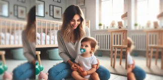 Madre y su bebé con chupete en una habitación con juguetes