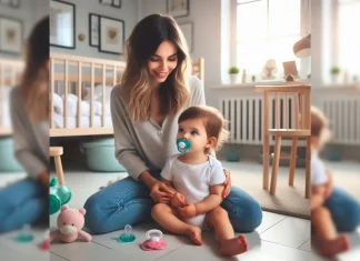 Madre y su bebé con chupete en una habitación con juguetes