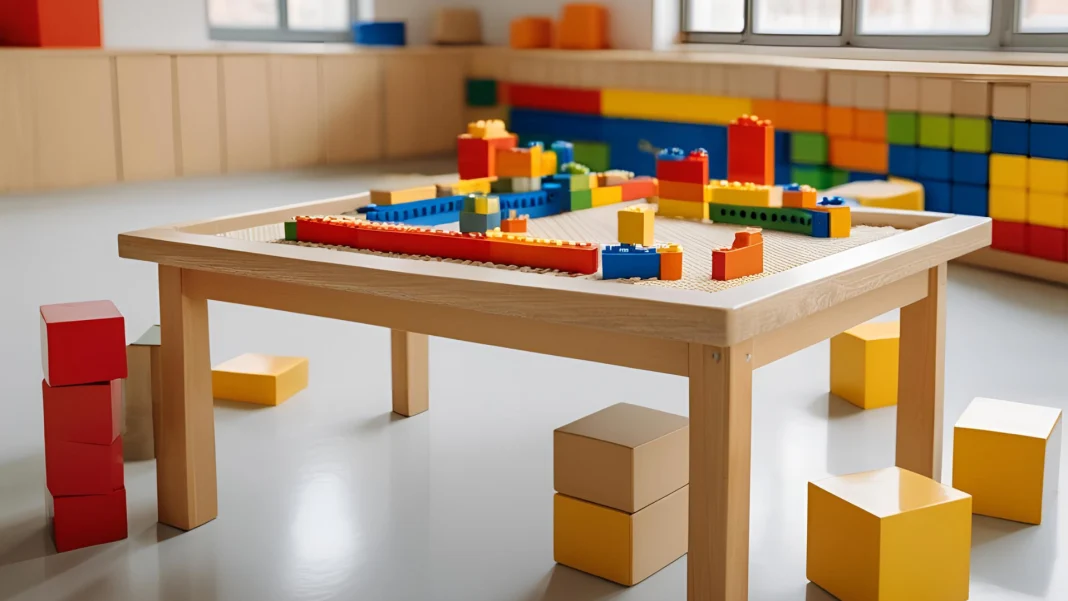 mesa-infantil-bloques-construccion Clase de infantil con mesa de bloques de construcción para enseñar matemáticas