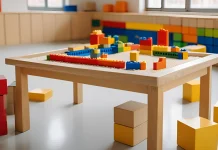 Clase de infantil con mesa de bloques de construcción para enseñar matemáticas