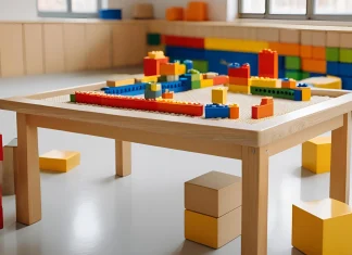 Clase de infantil con mesa de bloques de construcción para enseñar matemáticas